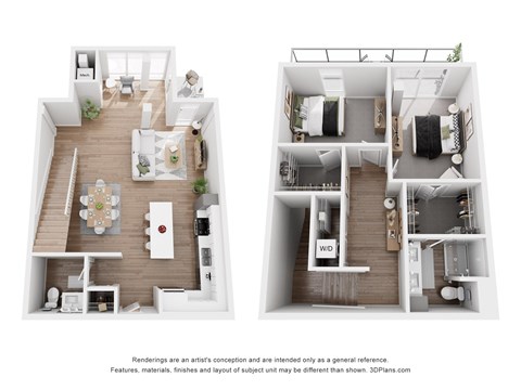 A floor plan of a two-story apartment with a living room, kitchen, and bedrooms.